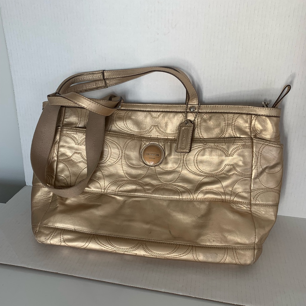 Coach Metallic Gold Leather Large Tote Purse With Cross-Body Strap